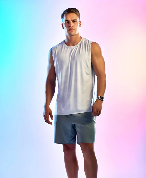 men wearing white tank top, light background