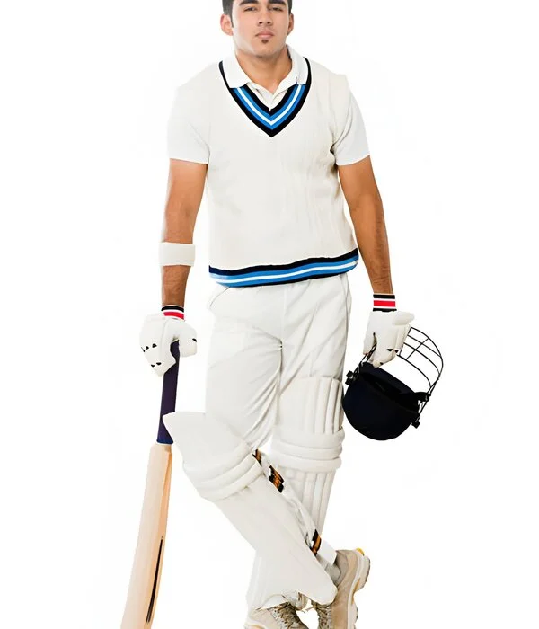 player wearing white color cricket uniform light background